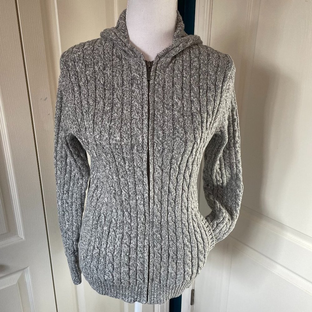 LLBean Chunky Thick Cable Knit Full Zip Long Sleeve Light Grey Sweater sz L